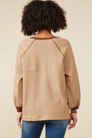 HY9075 Camel Womens Contrast Detail Brushed Striped Knit Sweatshirt Side