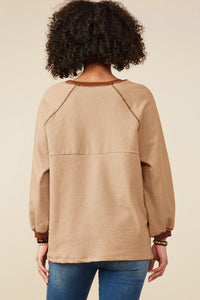 HY9075 Camel Womens Contrast Detail Brushed Striped Knit Sweatshirt Side