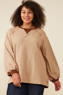HY9075W Camel Plus Contrast Detail Brushed Striped Knit Sweatshirt Front