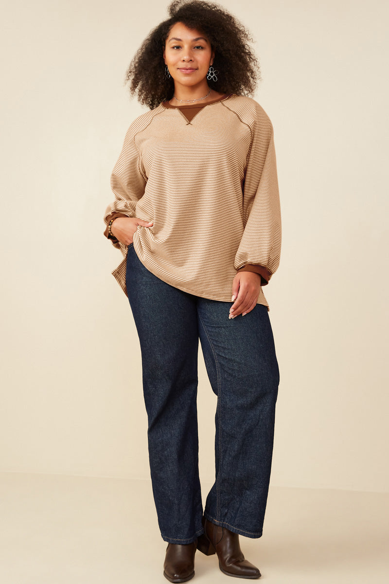 HY9075 Camel Womens Contrast Detail Brushed Striped Knit Sweatshirt Front