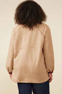 HY9075W Camel Plus Contrast Detail Brushed Striped Knit Sweatshirt Full Body