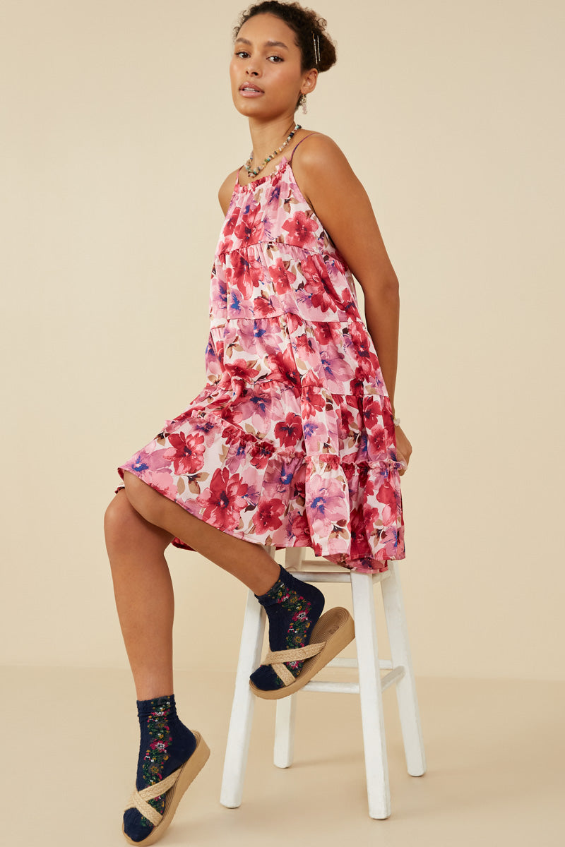 Satin Floral Tiered Tank Dress