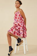 HY9082W Pink Plus Satin Floral Tiered Tank Dress Front