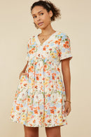 HY9102 Coral Mix Womens Lace Trimmed Floral V Neck Dress Front