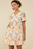 HY9102 Coral Mix Womens Lace Trimmed Floral V Neck Dress Front