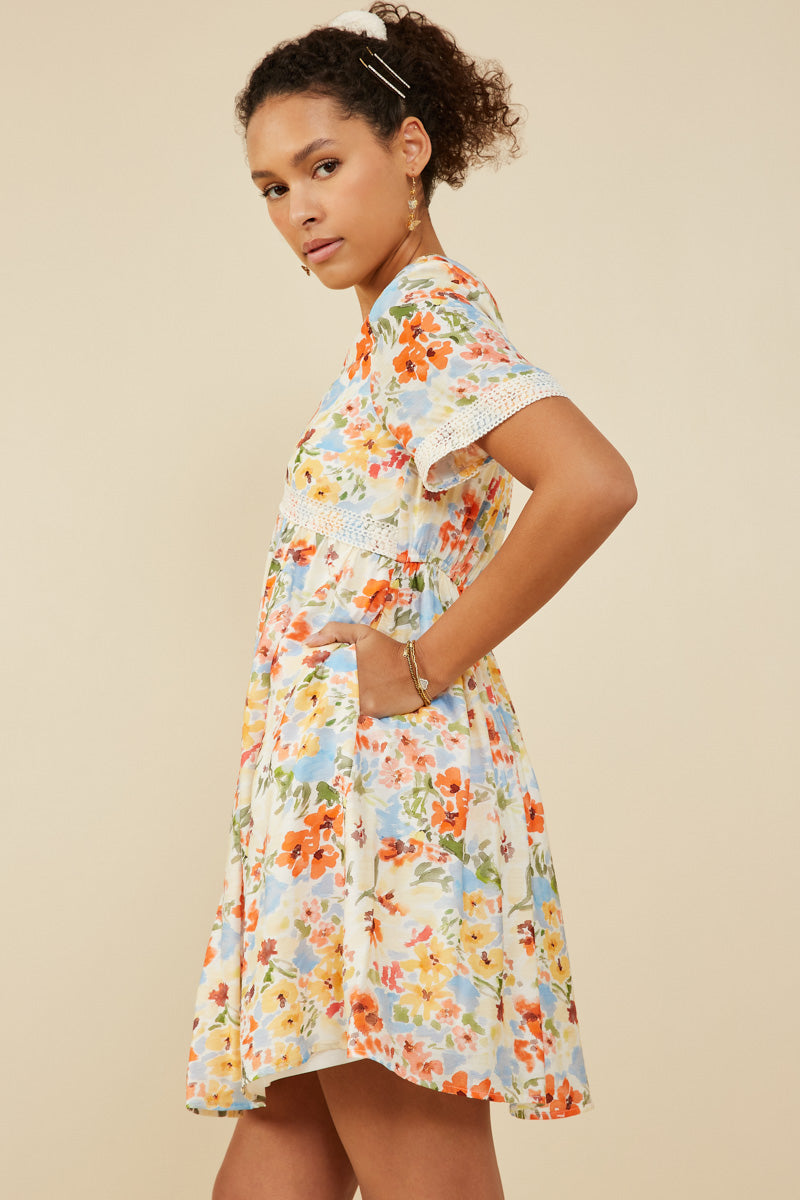 HY9102 Coral Mix Womens Lace Trimmed Floral V Neck Dress Full Body