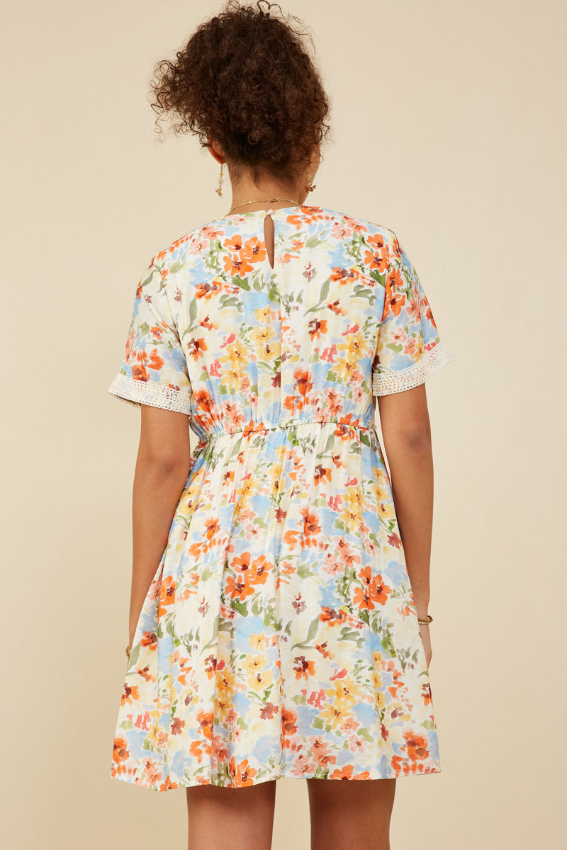 HY9102 Coral Mix Womens Lace Trimmed Floral V Neck Dress Side