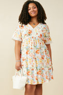 HY9102W Coral Mix Plus Lace Trimmed Floral V Neck Dress Front