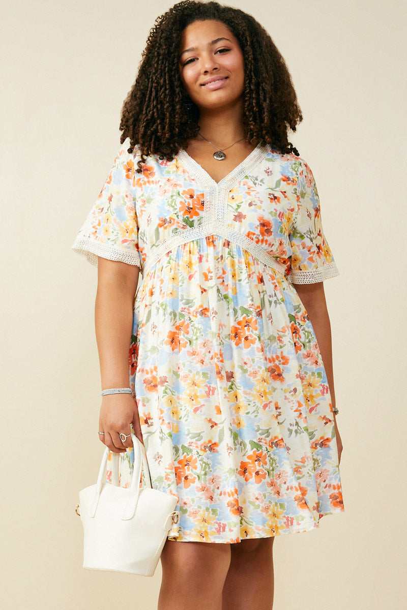 Lace Trimmed Floral V Neck Dress