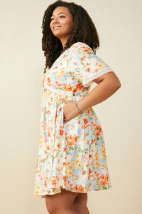 HY9102W Coral Mix Plus Lace Trimmed Floral V Neck Dress Gif