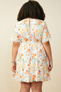 HY9102W Coral Mix Plus Lace Trimmed Floral V Neck Dress Full Body