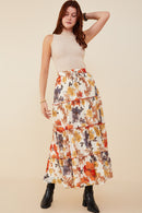 HY9115 Rust Womens Textured Floral Contrast Merrowed Tiered Skirt Back