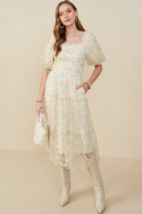 HY9119 Ivory Womens Smocked Floral Mesh Lace Tiered Dress Gif