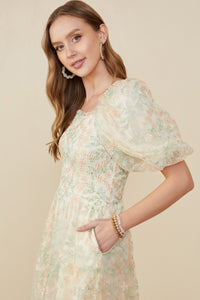 HY9119 Ivory Womens Smocked Floral Mesh Lace Tiered Dress Full Body