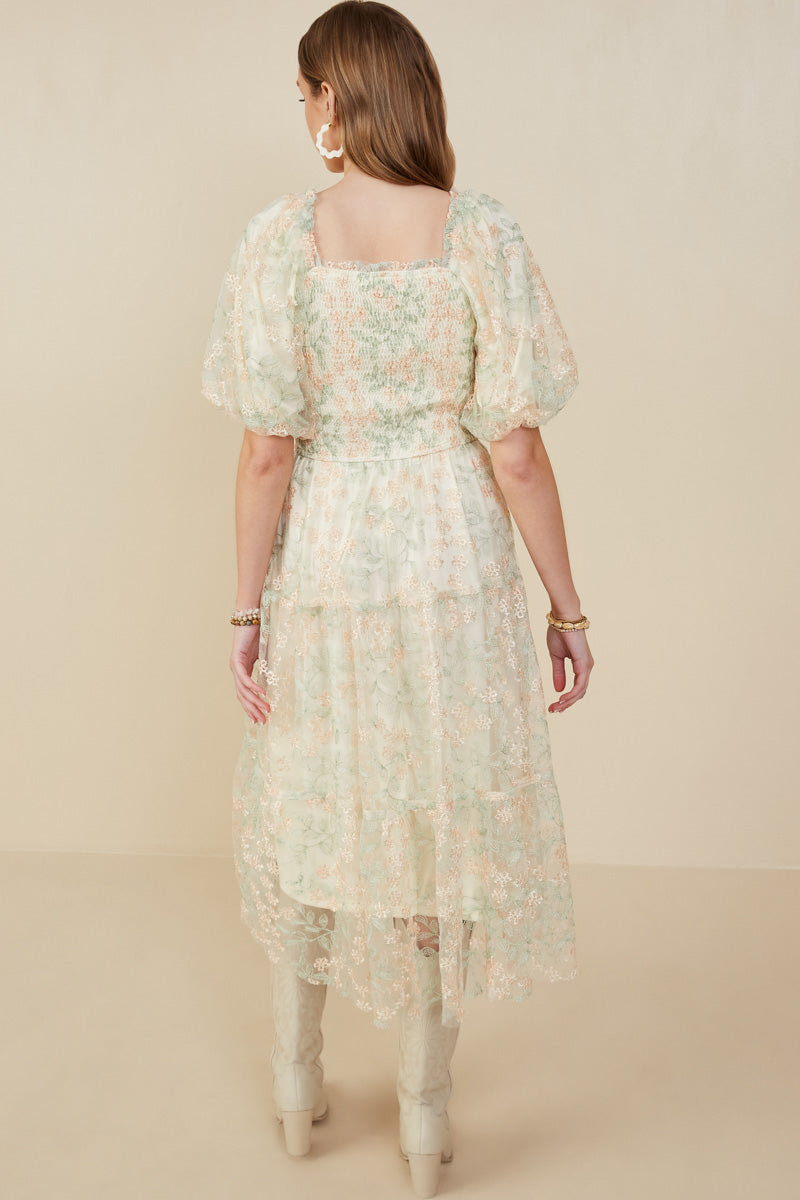 HY9119 Ivory Womens Smocked Floral Mesh Lace Tiered Dress Side