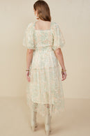 HY9119 Ivory Womens Smocked Floral Mesh Lace Tiered Dress Side