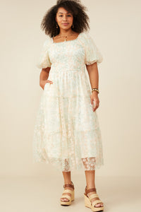 HY9119 Ivory Womens Smocked Floral Mesh Lace Tiered Dress Pose