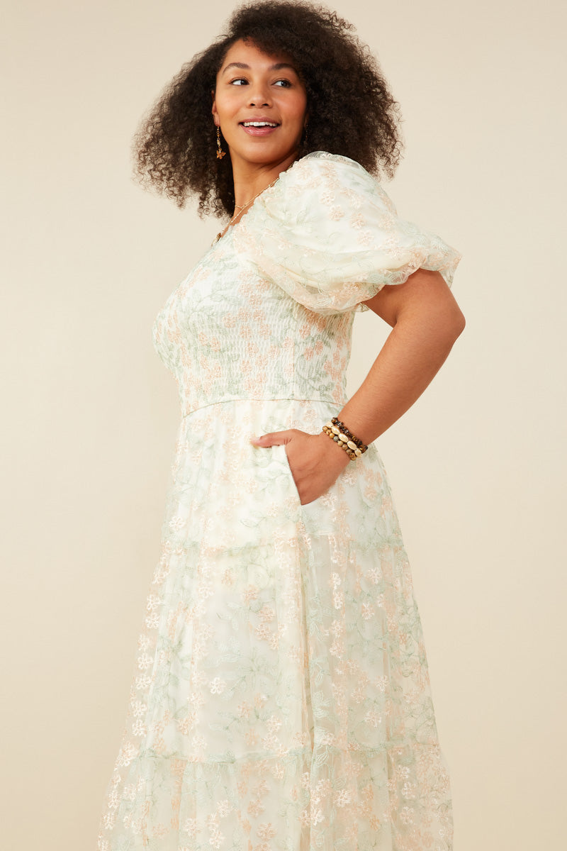 HY9119W Ivory Plus Smocked Floral Mesh Lace Tiered Dress Gif