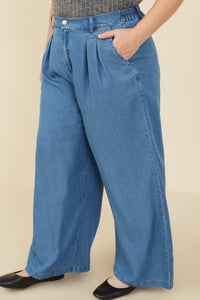 HY9146 Mid Denim Womens Pleated Detail Wide Leg Tencel Pants Full Body