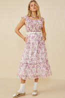 HY9153W Lavender Plus Floral Printed Smocked Exaggerated Ruffle Dress Pose