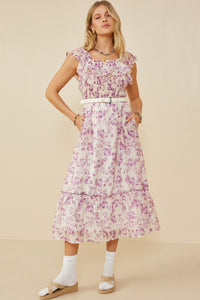 HY9153W Lavender Plus Floral Printed Smocked Exaggerated Ruffle Dress Pose