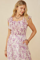HY9153 Lavender Womens Floral Printed Smocked Exaggerated Ruffle Dress Gif