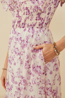 HY9153 Lavender Womens Floral Printed Smocked Exaggerated Ruffle Dress Front