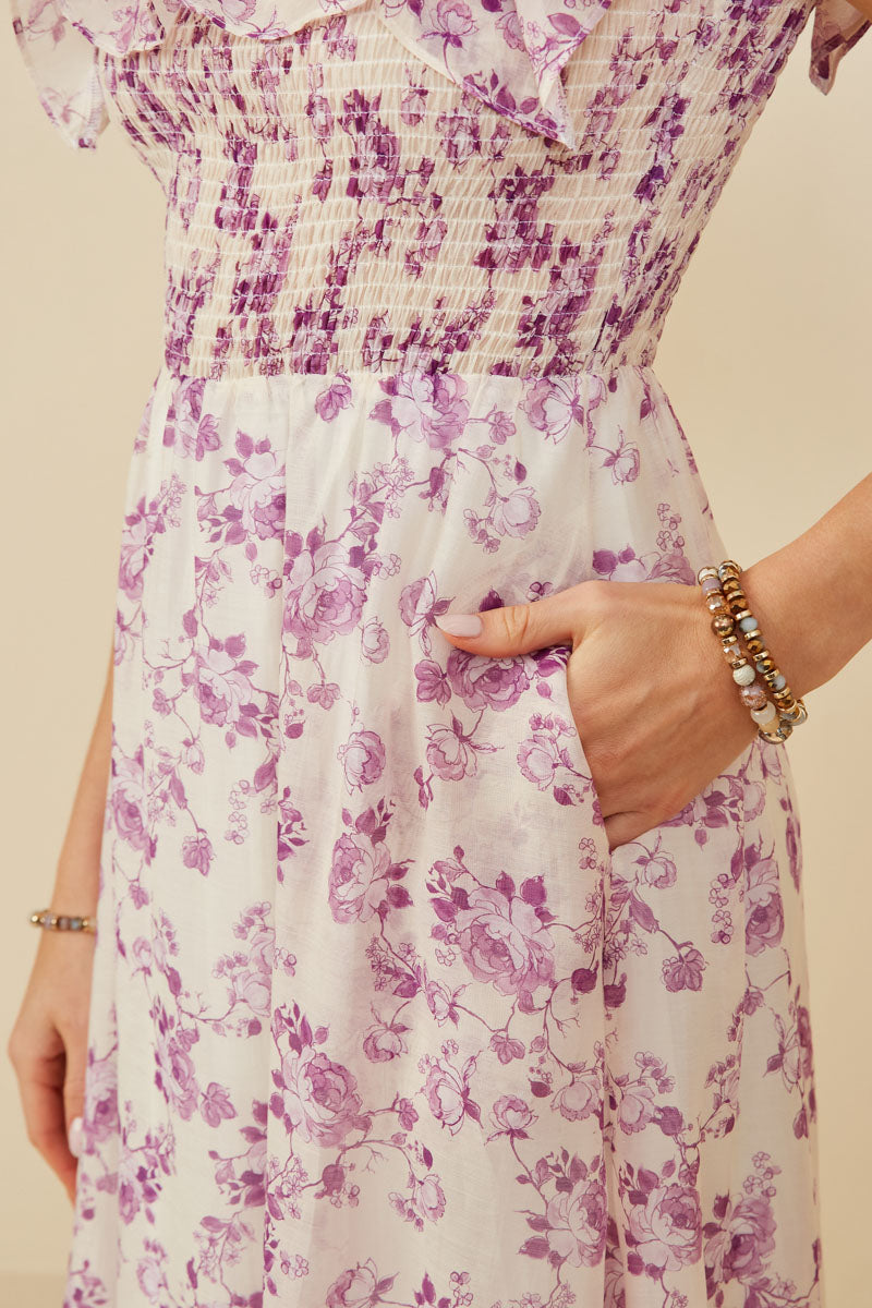 HY9153 Lavender Womens Floral Printed Smocked Exaggerated Ruffle Dress Front