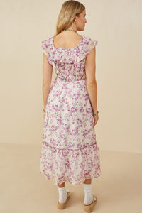 HY9153 Lavender Womens Floral Printed Smocked Exaggerated Ruffle Dress Detail