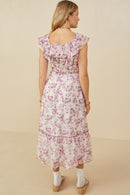 HY9153 Lavender Womens Floral Printed Smocked Exaggerated Ruffle Dress Detail