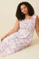 HY9153 Lavender Womens Floral Printed Smocked Exaggerated Ruffle Dress Full Body