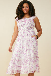 HY9153 Lavender Womens Floral Printed Smocked Exaggerated Ruffle Dress Back