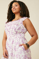 HY9153W Lavender Plus Floral Printed Smocked Exaggerated Ruffle Dress Gif