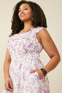 HY9153W Lavender Plus Floral Printed Smocked Exaggerated Ruffle Dress Gif