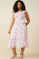 HY9153W Lavender Plus Floral Printed Smocked Exaggerated Ruffle Dress Side