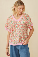 HY9157 Pink Womens Ditsy Floral Contrast Trimmed Top Front