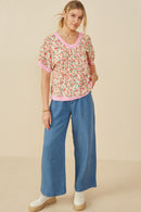 HY9157 Pink Womens Ditsy Floral Contrast Trimmed Top Gif