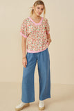 HY9157 Pink Womens Ditsy Floral Contrast Trimmed Top Gif