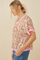 HY9157 Pink Womens Ditsy Floral Contrast Trimmed Top Full Body