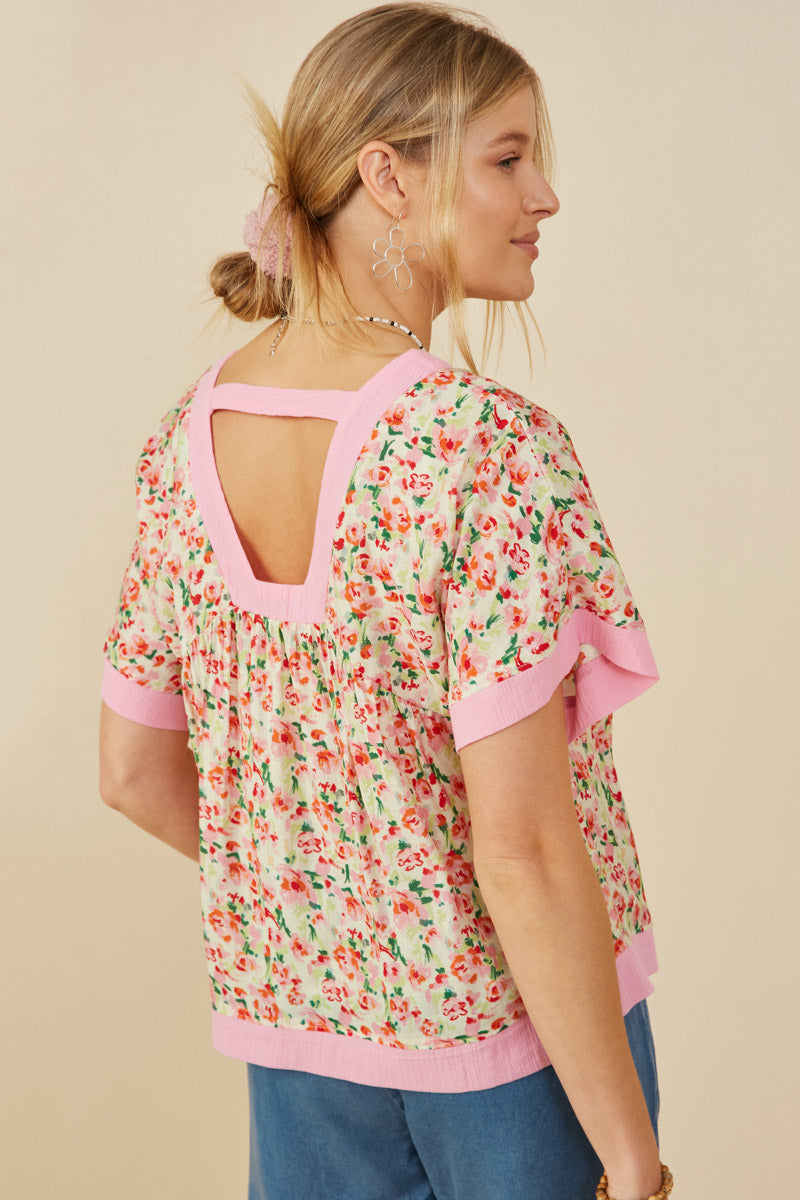 HY9157 Pink Womens Ditsy Floral Contrast Trimmed Top Side