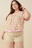 HY9157W Pink Plus Ditsy Floral Contrast Trimmed Top Front