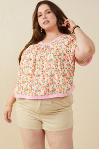 HY9157W Pink Plus Ditsy Floral Contrast Trimmed Top Front