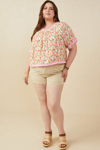 HY9157 Pink Womens Ditsy Floral Contrast Trimmed Top Back