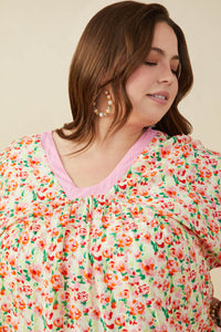 HY9157W Pink Plus Ditsy Floral Contrast Trimmed Top Gif