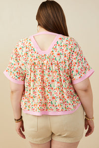 HY9157W Pink Plus Ditsy Floral Contrast Trimmed Top Full Body