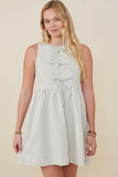 HY9174 Oatmeal Womens Bow Tie Detailed Striped Seer Sucker Dress Front