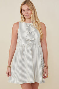 HY9174 Oatmeal Womens Bow Tie Detailed Striped Seer Sucker Dress Front