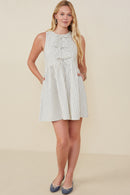 HY9174 Oatmeal Womens Bow Tie Detailed Striped Seer Sucker Dress Gif