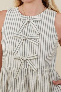 HY9174 Oatmeal Womens Bow Tie Detailed Striped Seer Sucker Dress Full Body