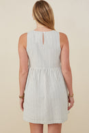 HY9174 Oatmeal Womens Bow Tie Detailed Striped Seer Sucker Dress Detail